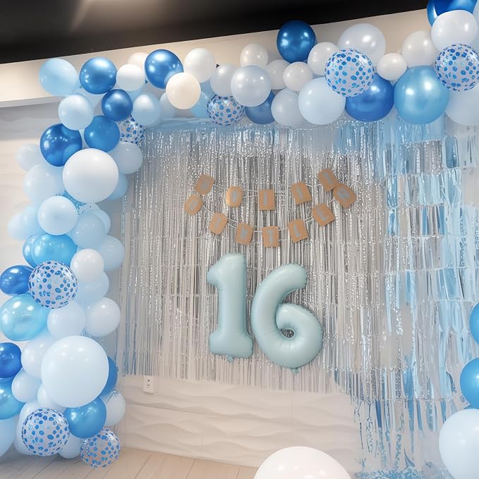 Blue and White Balloons, 12 Inch Metallic Pastel Pearl Light Baby Blue Confetti - Image 3
