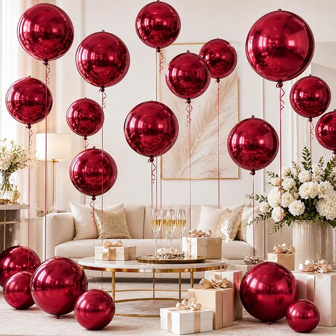 10Pcs Red Round Foil Balloons, Metallic Silver Dark Red Foil Baloon - Image 9