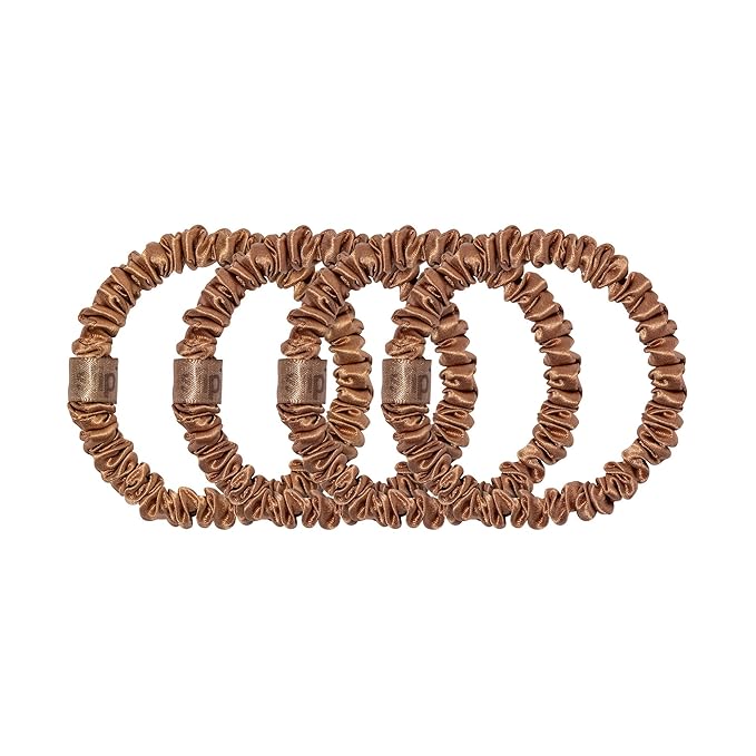 slip Silk Skinny Scrunchies - Copper | Set of 4 Skinny Scrunchies | 100% Mulberry Silk, Anti-Crease, Gentle on Hair, Reduces Breakage | Stylish & Durable, Ideal for All Hair Types