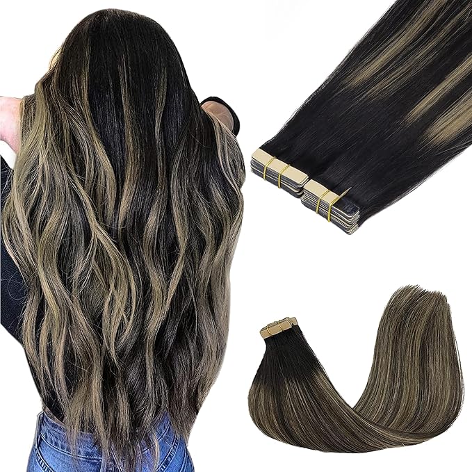 GOO GOO Tape in Hair Extensions Human Hair, 1B/19/1B Natural Black to Light Blonde, 22inch 100g 40pcs, Skin Weft Seamless Invisible, Silky Straight with Thick Ends, Remy Human Hair