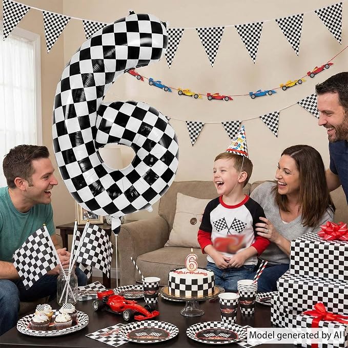 40 Inch Checkered Number 6 Balloon, Large Foil Black and White Number Balloons - Image 7