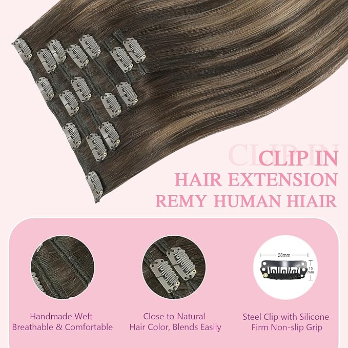 PINKPEARL Clip in Hair Extensions Human Hair Extensions, #2/6/2 Balayage Dark Brown to Chestnut Brown 120g 7pcs 14 Inch Real Human Hair Extensions Clip in Straight Remy Silky Weft(#2/6/2-14)