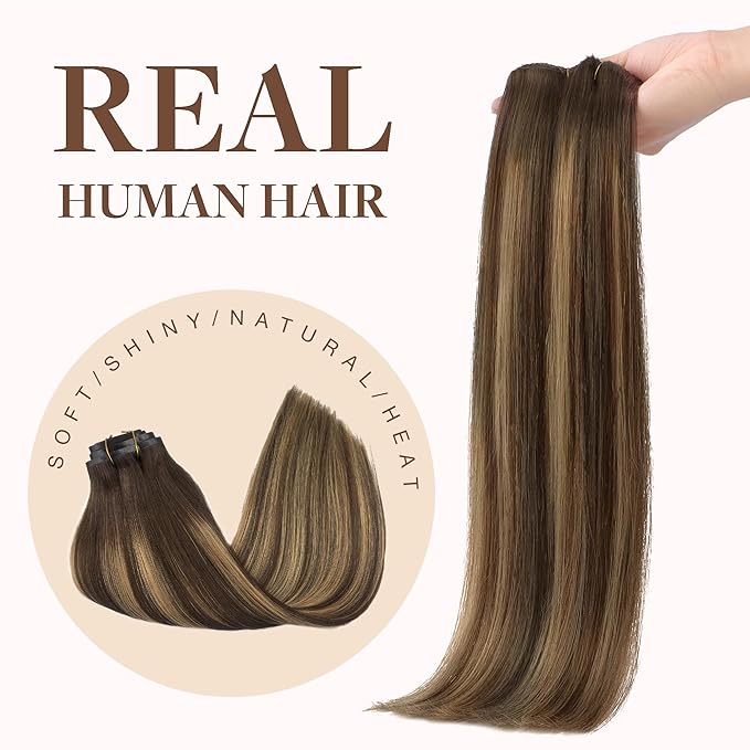 GOO GOO Clip in Hair Extensions Real Human Hair, Remy Human Hair Extensions Clip ins for Women, Natural Human Hair, 18inch 170g 9Pcs, #4/27/4 Balayage Chocolate Brown to Caramel Blonde