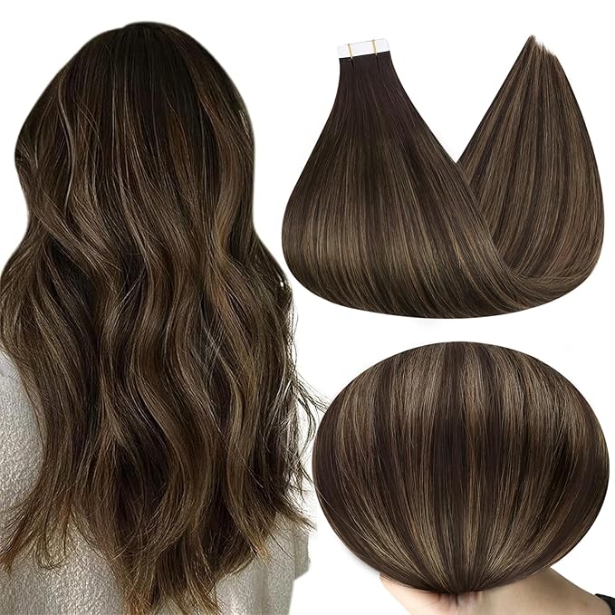 Full Shine Tape in Hair Extensions Seamless Tape in Extensions 24 Inch Brazilian Real Human Hair Tape ins Color 2 Dark Brown to 8 Ash Brown and 2 Dark Brown 40Pcs 100g for Wedding