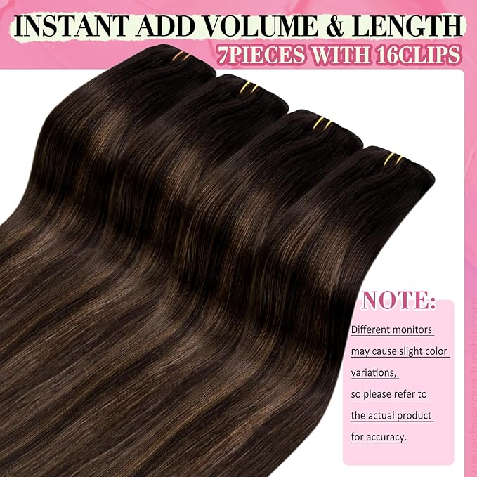 YoungSee 135G Clip in Hair Extensions Balayage Brown Clip in Hair Extensions Real Human Hair Dark Roots Ombre Medium Brown Balayage Hair Extension Clip ins Easy to Wear 16Inch 7Pcs