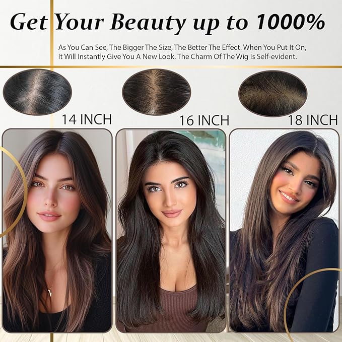 Hair Toppers for Women Real Human Hair, 360° 3D Human with Thinning Upgrade Middle Part Clip in Bangs Topper Hair Pieces for Women Daily(Medium Dark Brown, 16 Inch-3D-Side)