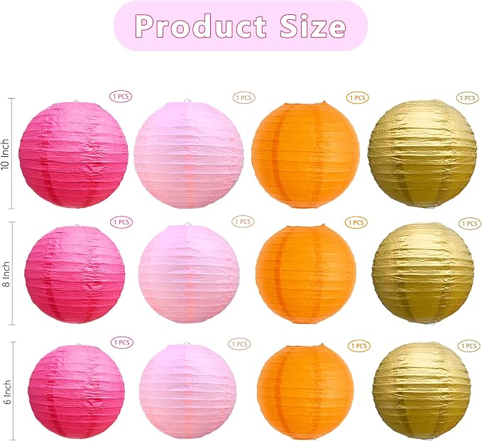 BEISHIDA Pink Orange Gold Paper Lanterns 6/8/10 Inch Round Chinese Lamp | 12Pcs - Image 2