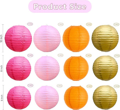 BEISHIDA Pink Orange Gold Paper Lanterns 6/8/10 Inch Round Chinese Lamp | 12Pcs - Image 2