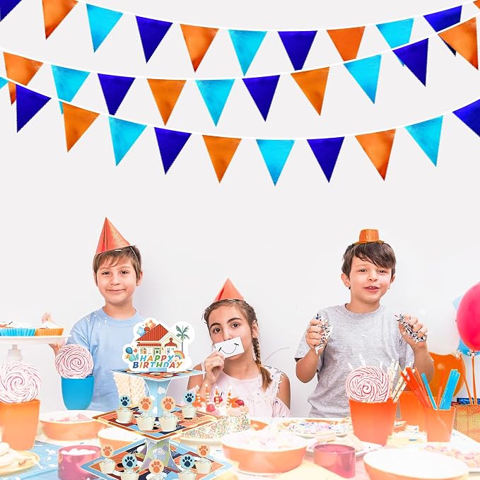 Orange Blue Party Decorations Metallic Fabric Triangle Pennant Flag Bunting - Image 6
