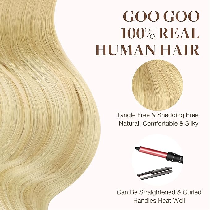 GOO GOO Tape in Hair Extensions Human Hair, 18AT60A Pearl Ash Blonde Highlights, 24inch 100g 40pcs, Skin Weft Seamless Invisible, Silky Straight with Thick Ends, Remy Human Hair