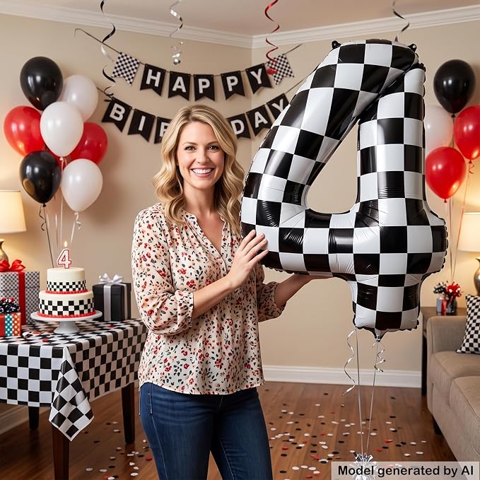 40" Checkered Number 4 Balloon for 4th Race Theme Birthday Party Supplies | 40 - Image 4