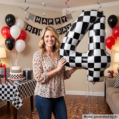 40" Checkered Number 4 Balloon for 4th Race Theme Birthday Party Supplies | 40 - Image 4