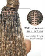 Human Hair Boho Curls Hand-Tied HD Full Lace Wig - 36" Salon-Level Small Box Synthetic Braids (121 Braids, High Density) Pre-Cut Swiss HD Lace, Pre-Plucked, Tangle-Free - 1B/27 Honey Blond