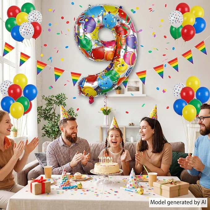 Rainbow Number 9 Balloon, 40 Inch Large Foil Helium Number Balloons 0-9 - Image 6