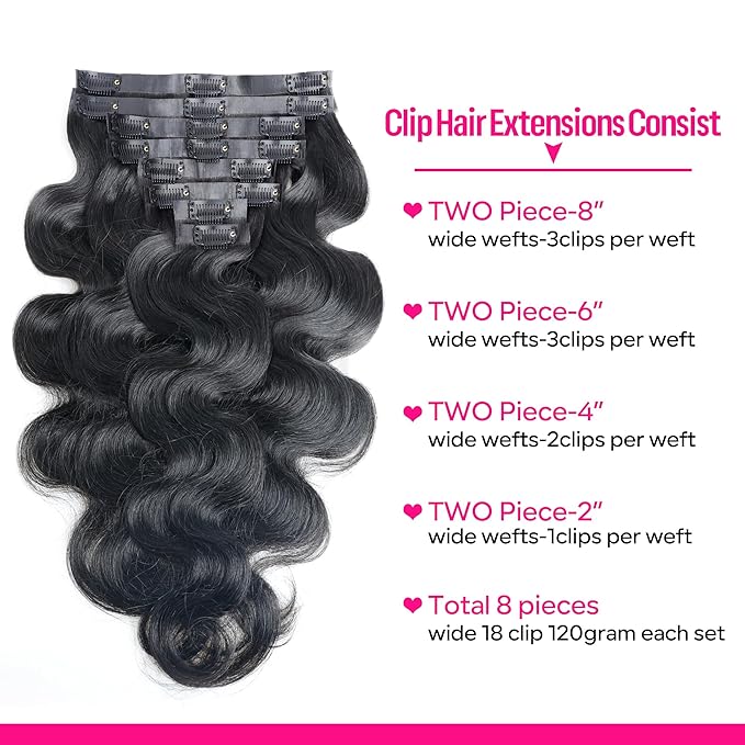 Seamless Clip in Hair Extensions Human Hair Body Wave Human Hair Clip in Extensions 8Pcs PU Clip ins Remy Hair for Women Invisible Skin Weft 18Clips 120g 22inch Natural Black