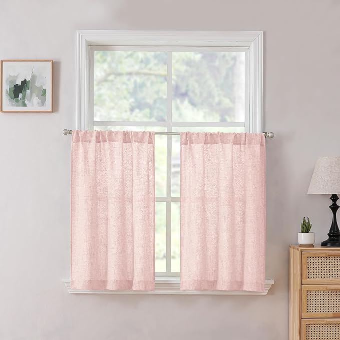 Tollpiz Linen Tier Curtains Rod Pocket Semi Sheer Short Kitchen Curtain Half by Tollpiz