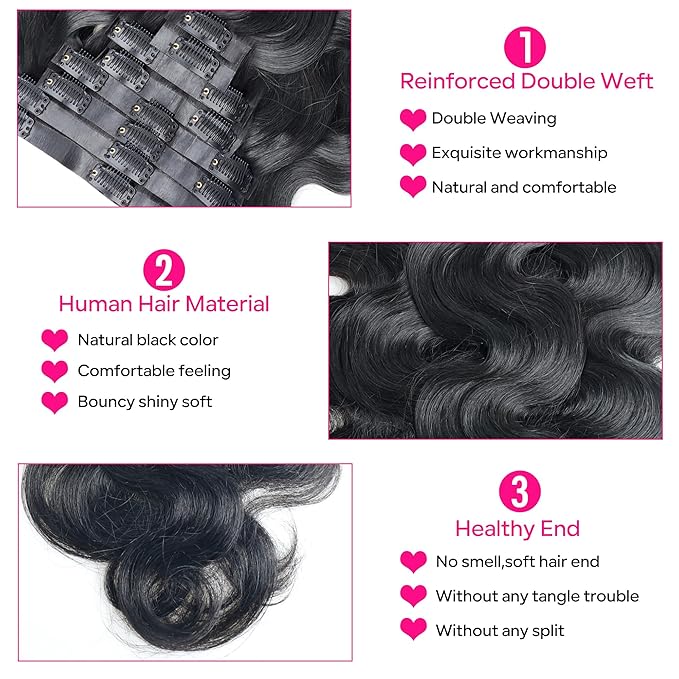 Seamless Clip in Hair Extensions Human Hair Body Wave Human Hair Clip ins for Black Women 8Pcs Invisible Skin Weft 18Clips 120g 26inch Natural Black