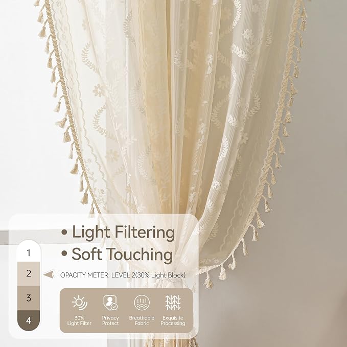 WAZZIO Boho Lace Curtains 2 Panels 108 Inches -Cute Vintage Victorian Sheer - Image 5
