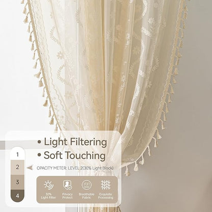 WAZZIO Boho Lace Curtains 2 Panels 84 Inches Long-Cute Vintage Victorian Sheer - Image 4