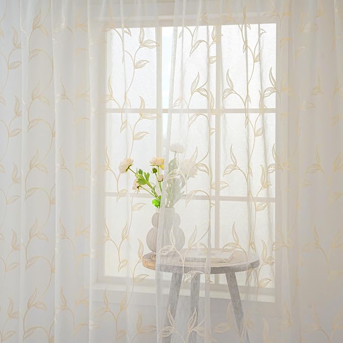 Sheer Curtains Boho Leaf Floral Embroidered Cream Beige 54Wx63L | Light - Image 8