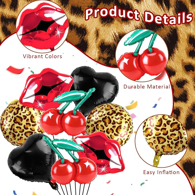 Cheetah Cherry Balloons 8pcs Red Lips Cherry and Black Heart Balloons Leopard - Image 3