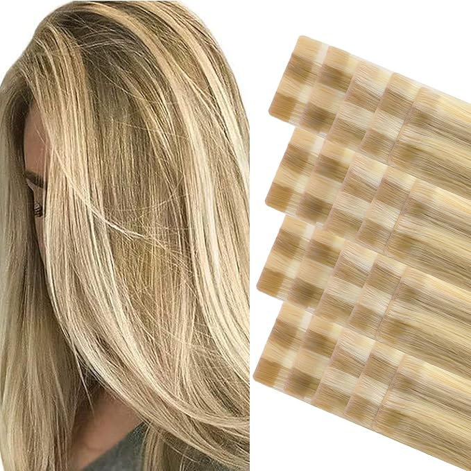 GOO GOO Invisi Edge Tape in Hair Extensions Human Hair, 16/22 Light Blonde Highlighted Golden Blonde 20pcs 18inch 50g, Virgin Remy Hair, Seamless Injected Tape, Natural Look