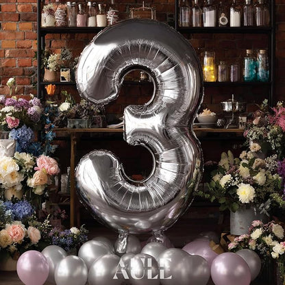 AULE 40 Inch Silver 3 Balloon Number Foil 0-9 Birthday Big Numbers | Birthday - Image 2