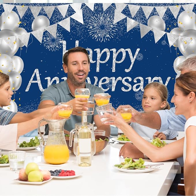 Blue Happy Anniversary Banner, Wedding Anniversary Sign Decorations Supplies - Image 5