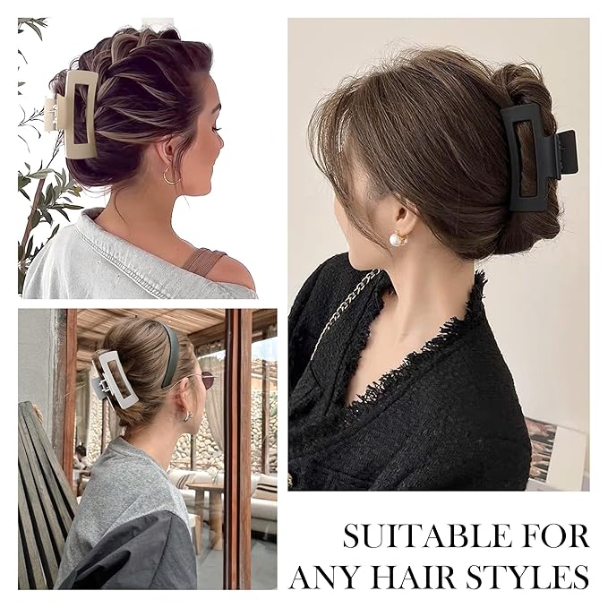 Large Nonslip Matte Neutral Claw Hair Clips for Thick, Thin or Curly Hair - 8 Strong Hold Jumbo 4.1 Inch Jaw Clips for Women and Girls