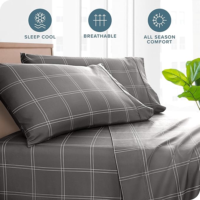 Bare Home Microfiber Pillow Cases - King Size Set of 2 - Cooling Pillowcases - Double Brushed - Pillowcases 2 Pack - Easy Care (King, Modern Plaid - Grey/White)