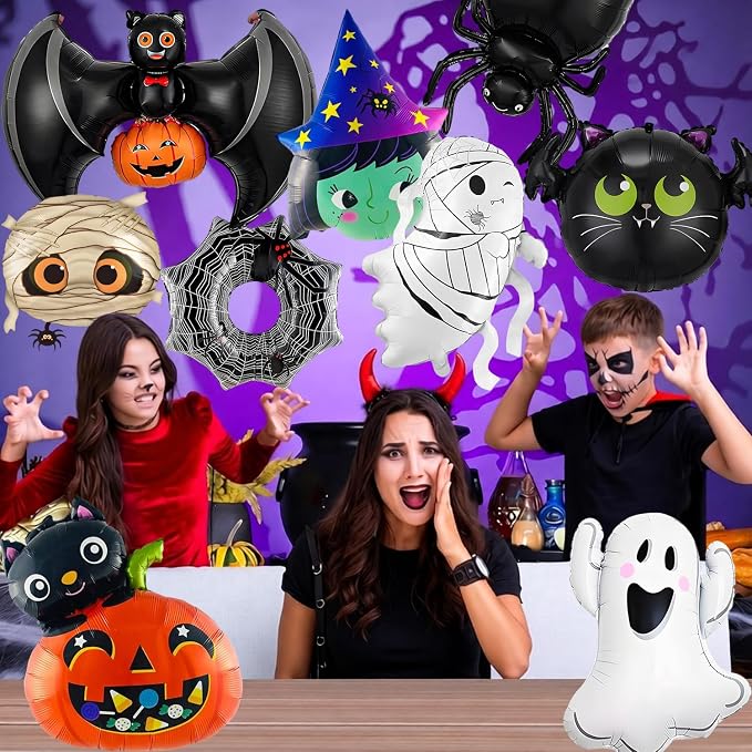 9Pcs Halloween Balloons Decoration Set, Foil Ghost, Spider Web, Pumpkin & Bat - Image 5