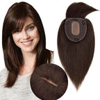 Hair Toppers for Women Real Human Hair With Bangs, 13 * 15 cm Larger Silk Base 150% Density Clip In Topper Hairpieces, Wiglet Top Pieces Add Volume -12 Inch 02 Dark Brown