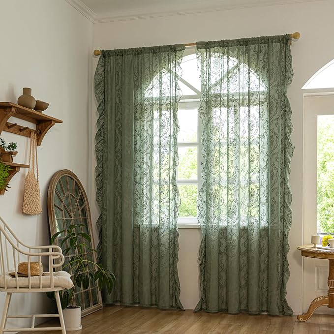 Deeprove Sheer Lace Curtains Olive Green 96 Inches Length - Image 8