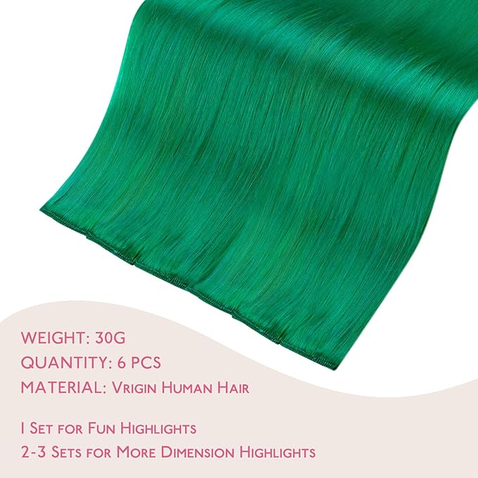 WENNALIFE Green Clip in Hair Extensions Real Human Hair 35g 6pcs 20 Inch Colored Hair Extensions for Kids Women Colorful Hair Pieces Pop-up Style Straight Extensiones De Cabello Humano Con Clip
