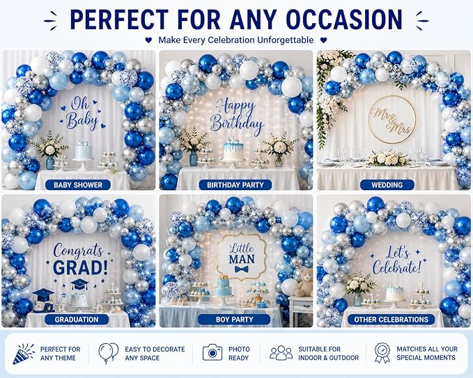 Blue White Silver Balloons Garland Kit – 60pcs 12 Inch Chrome Blue, Birthday - Image 6