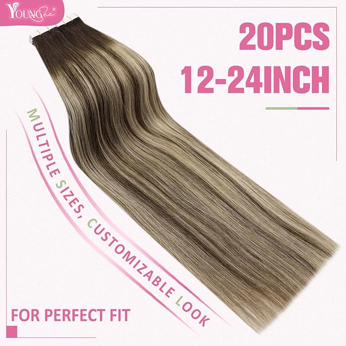 YoungSee Human Hair Tape in Extensions Dark Brown Tape in Hair Extensions Human Hair Balayage Tapes ins Human Hair Extension Dark Brown Ombre Ash Blonde Tape-in Hair Silky Straight 20 Inch 20pcs 50g