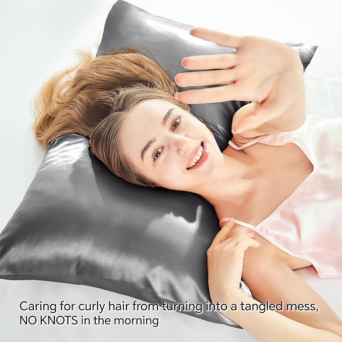 BEDELITE Satin Pillowcase with Zipper, Dark Grey Pillow Cases Queen Size Set of 2, Super Soft and Cooling Similar to Silk Pillow Cases, Gift for Women Men(20x30 Inches)