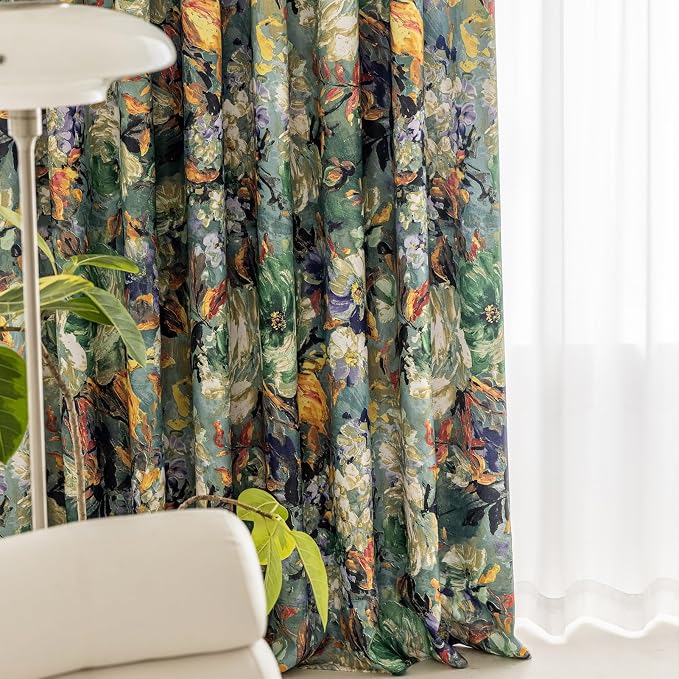 SUOUO Dark Green Vintage Floral Blackout Curtains - Image 3