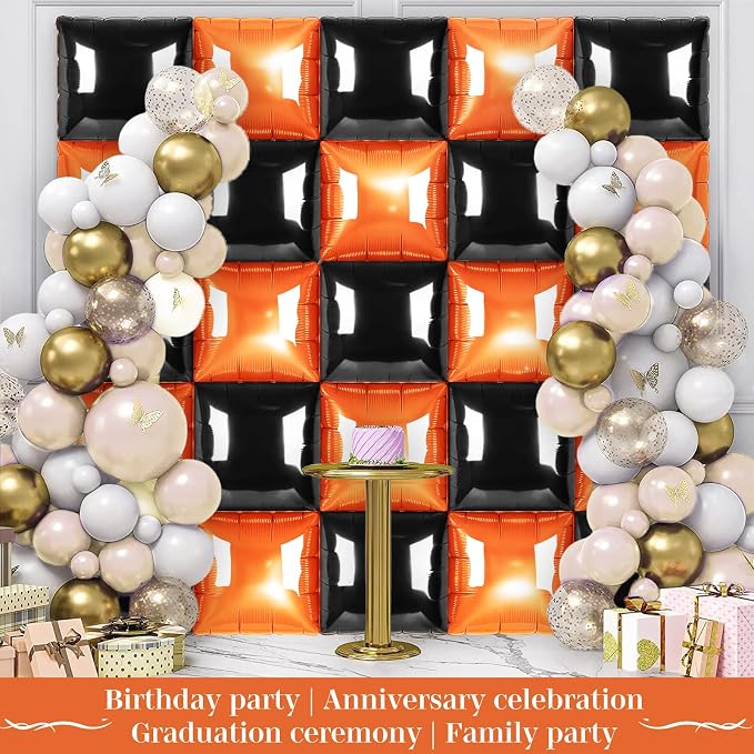 Black and Orange Square Foil Balloons 25 Pcs Metallic Black and Orange Balloons - Image 5