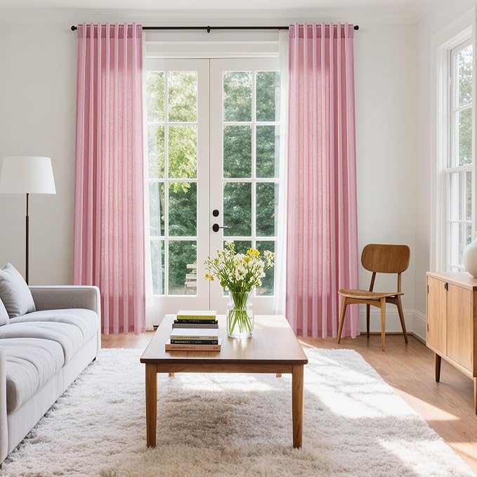 Rose Linen Curtains 102 Inches Long 2 Panel Set Back Tab Rod Pocket Semi Sheer - Image 7