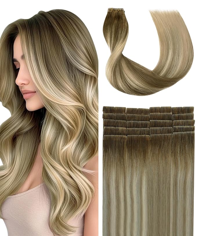 SURNEL Injection Seamless Tape in Hair Extensions Balayage Walnut Brown to Ash Brown and Golden Blonde Invisible Tape in Extensions Human Hair 18inch 20 Pcs 40g(#3822,18)