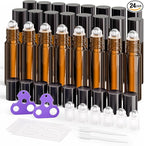 ULG 24-Pack Essential Oil Roller Bottles 10ml, Empty Bottles with Stainless Steel Roller Balls and Waterproof Labels, Amber Roller Balls For Essential Oils