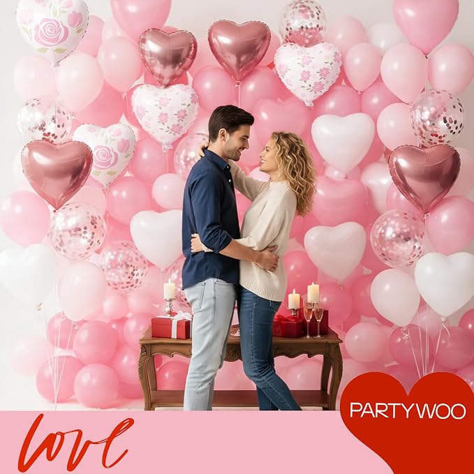 PartyWoo Pink White Rose White Gold Heart Foil Balloons 15pcs 18 Inch | Balloons - Image 2