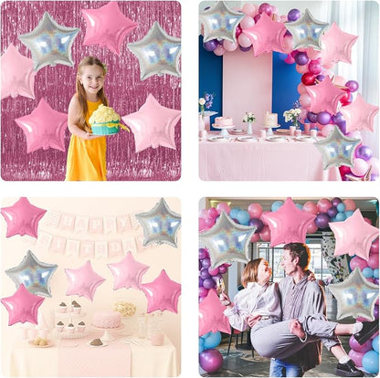 Pink and Silver Star Foil Balloons, 18 Inch Metallic Glitter Stars Balloons - Image 8