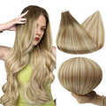 Full Shine Invisible Tape in Hair Extensions Human Hair 22Inch Seamless Hair Extensions Tape in Color 6 Fading to 27 and 60 Blonde Balayage Remy Skin Weft for Women 50G 20Pcs Natural Straight