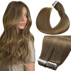 LaaVoo Human Hair Tape in Extensions Balayage Tape in Hair Extensions Human Hair Ombre Brown to Light Brown Mix Golden Brown Tape on Extension Invisible 20 Inch 100g 40pcs