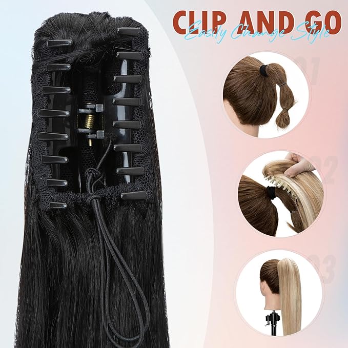 Hairro Claw Clip In Ponytails Extensions Jaw On Real Hair Ponytail Long Jaw/Claw Pony Tail With Clips Hairpieces For Women 20 Inch 120g #01 Dark Black