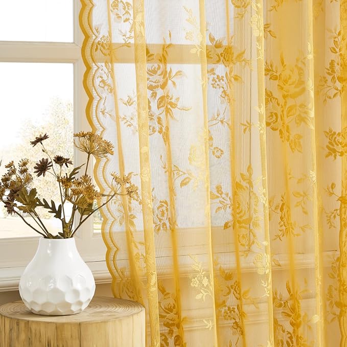 Earth Yellow Lace Curtains 45 Inch Length 2 Panels Set Country Flower Sheer by SEEKRIGHTHomeDecor