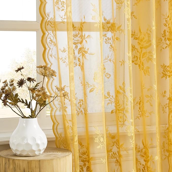 Golden Yellow Lace Curtains 84 Inches Long 2 Panels Country Flower Sheer by SEEKRIGHTHomeDecor