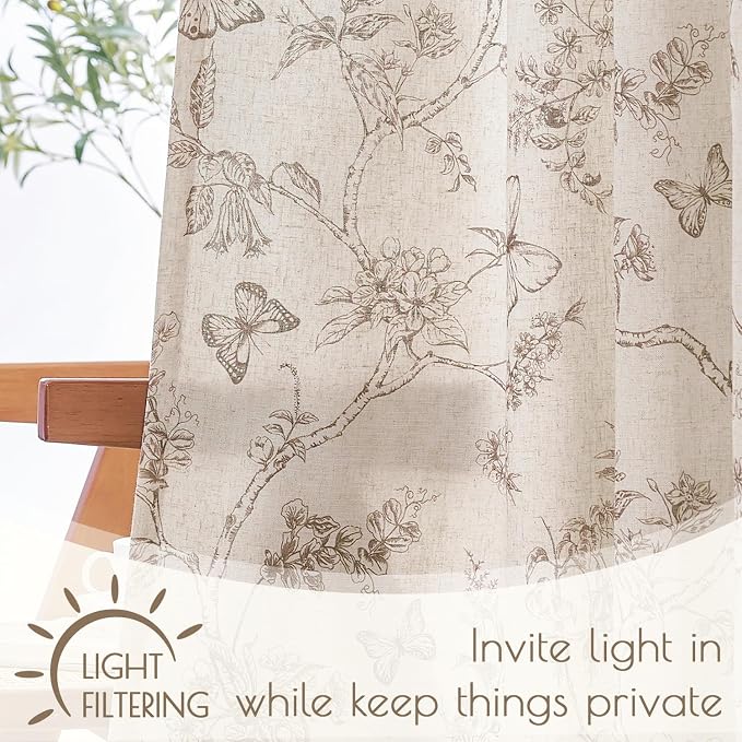 Taupe Floral Linen Lined Curtains Rod Pocket 50W X 63L 2 Panels | Charlotte - Image 3